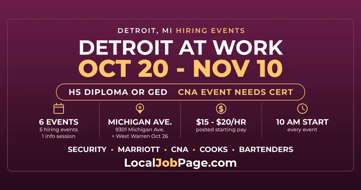 Detroit at Work Hiring Events Oct. 20 to Nov. 10: Security, Marriott, CNA and Restaurant Jobs