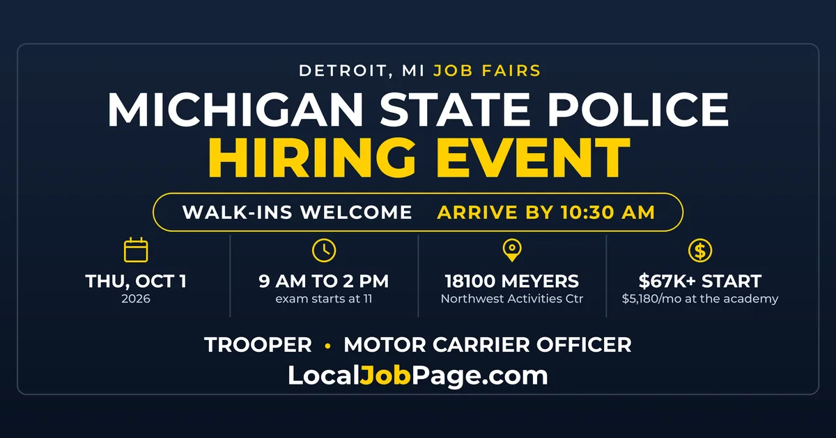 Michigan State Police Hiring Event in Detroit: Trooper and Motor Carrier Jobs on Meyers Road, Oct. 1